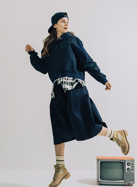 LOEN 原创设计日系春秋百搭休闲宽松藏青拼接连帽卫衣女 FUDGE