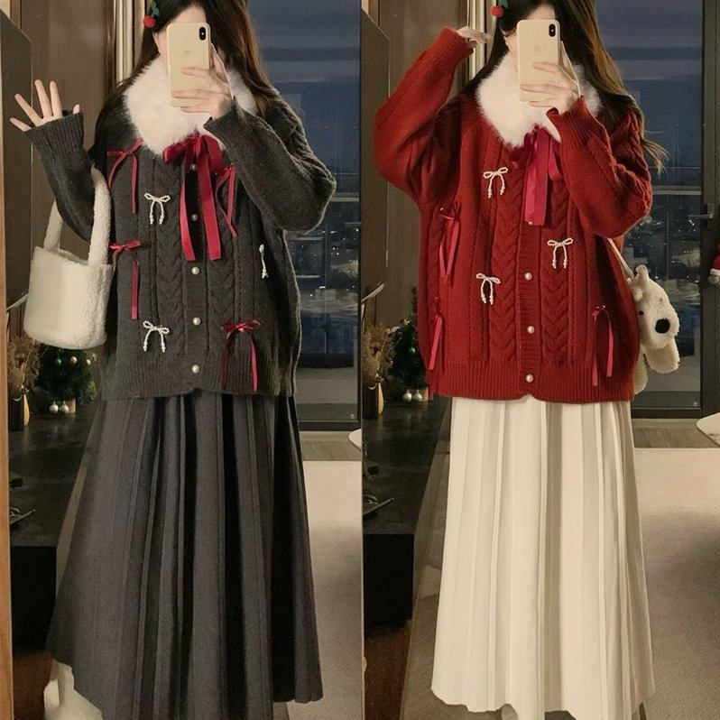 实拍大码秋冬新款大毛领复古蝴蝶结宽松开衫毛衣高腰半身裙两件套