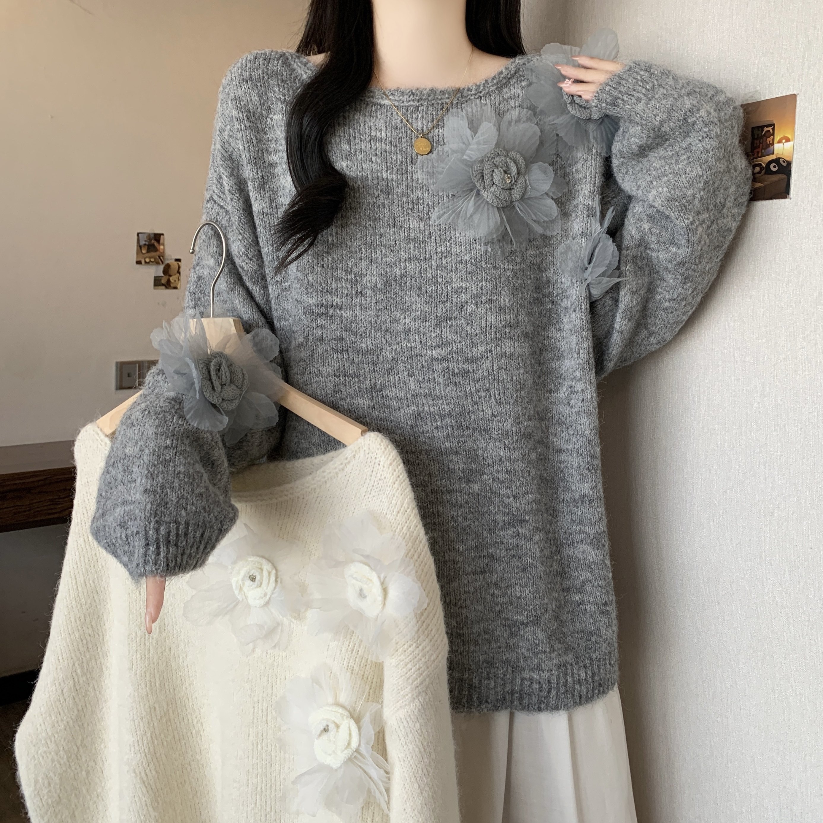 法式立体花朵马海毛毛衣女2025秋冬款大码软糯羊毛针织衫套头上衣