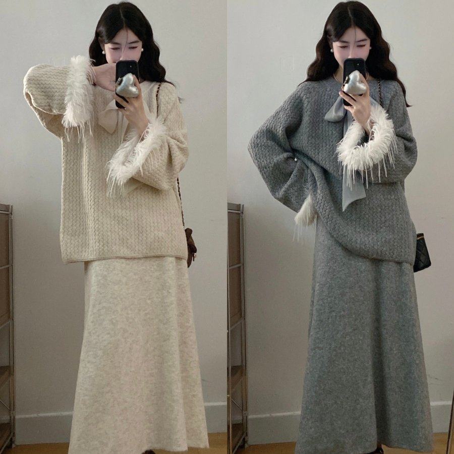 实拍大码法式蝴蝶结高级感软糯时尚别致好看针织毛衣+半身裙套装