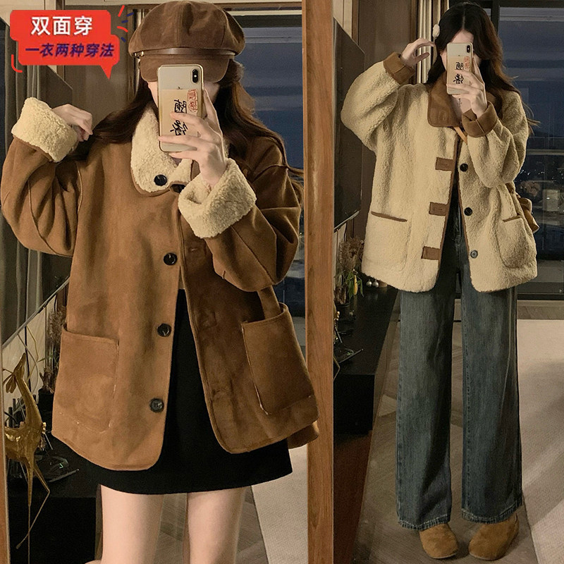 实拍两面穿麂皮绒羊羔毛外套加绒加厚皮毛一体棉服