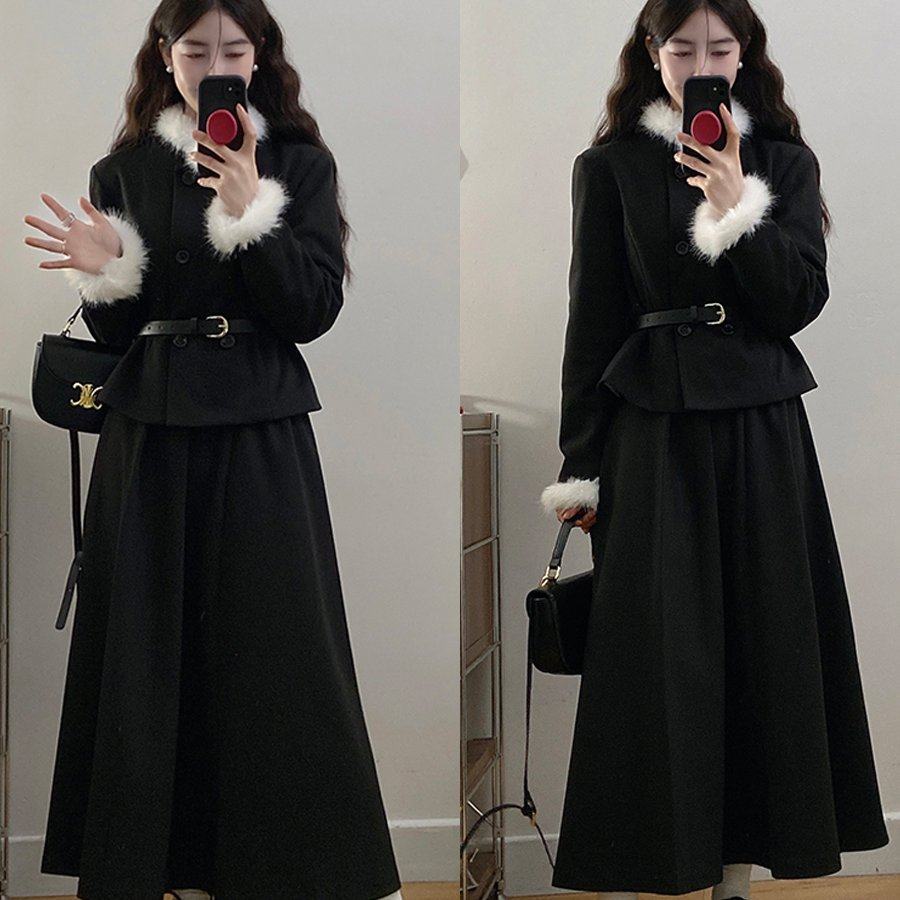 实拍大码女装韩系小香风毛领双排扣外套高腰气质半身裙套装