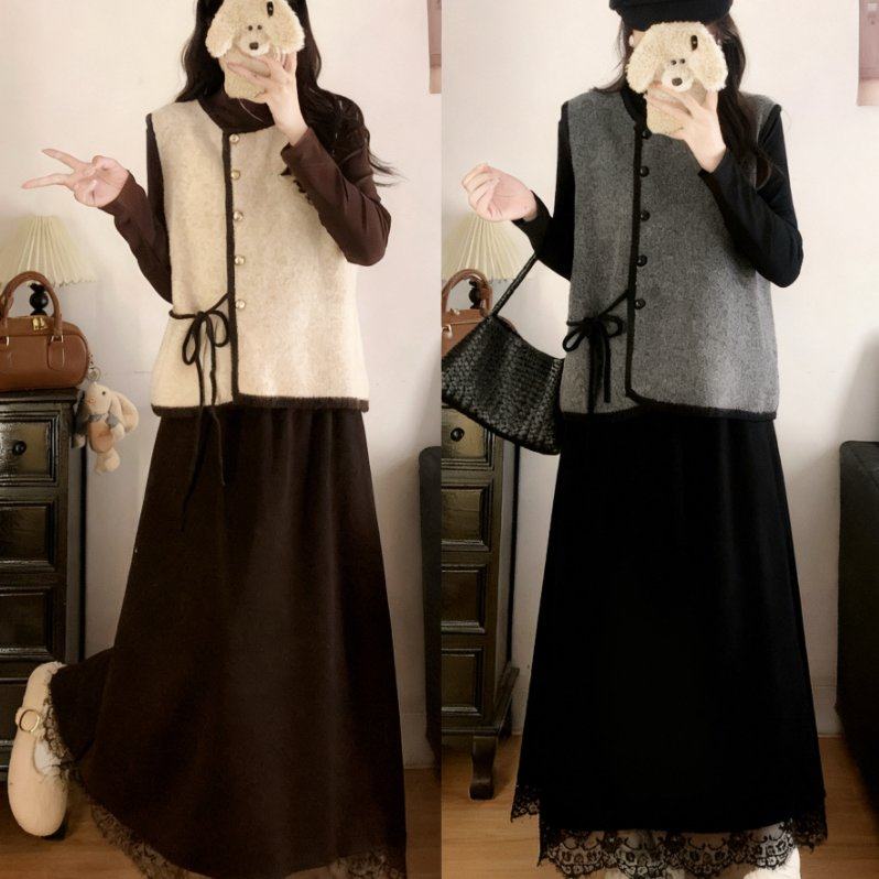 实拍大码秋冬新款小香风系带毛衣马甲半高领打底衫半身裙三件套