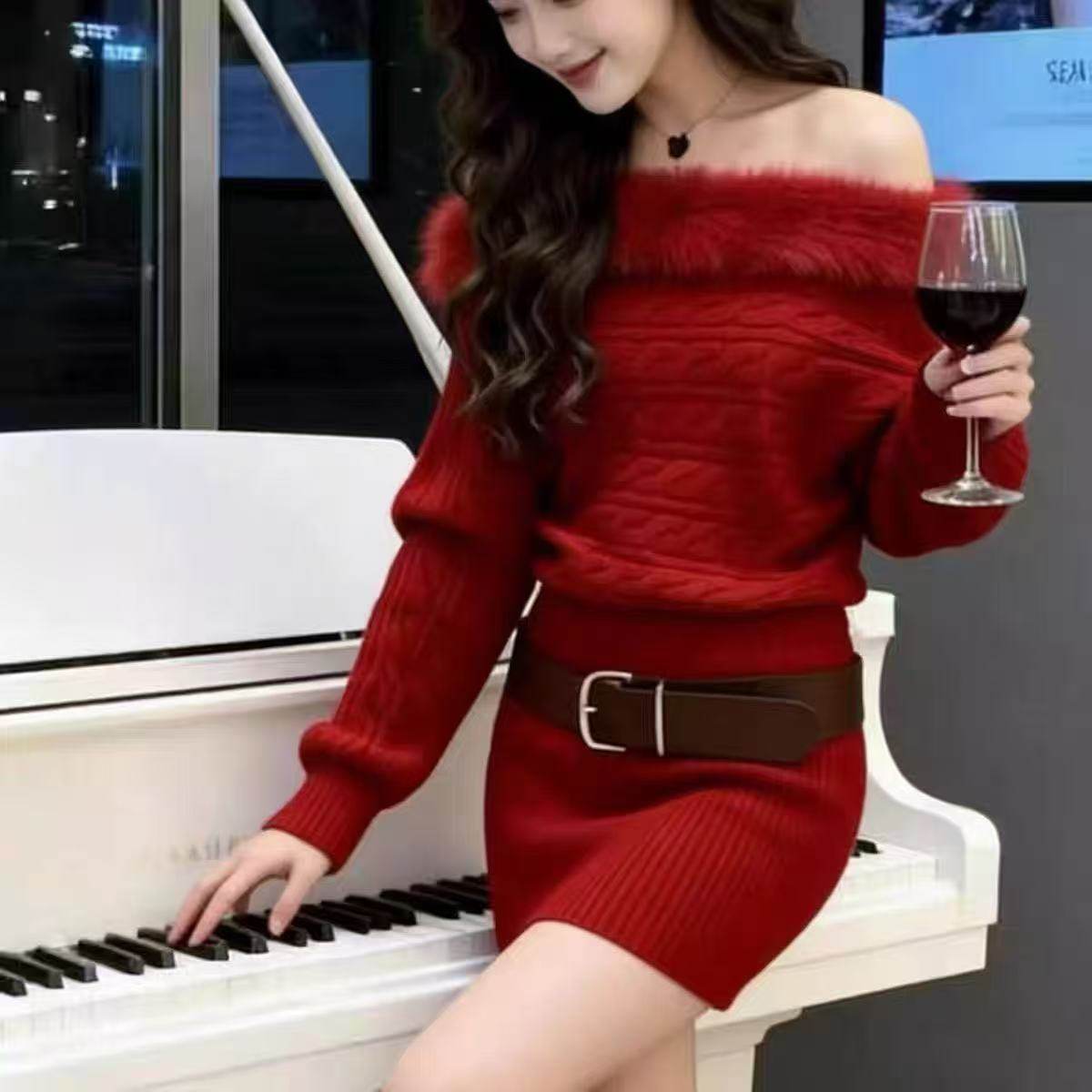 新款时尚纯欲风性感气质麻花露肩收腰显瘦毛衣包臀裙配腰带