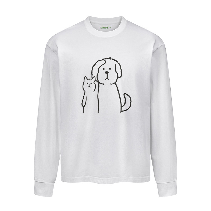 DE 猫猫狗狗卡通手绘印花重磅T恤男女款纯棉外穿长袖卫衣