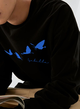 DE 蓝色蝴蝶印花T恤秋季纯棉厚实亲肤重磅男女同款长袖卫衣