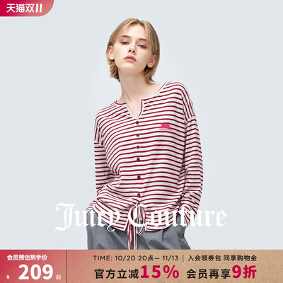 Juicy Couture橘滋条纹长袖T恤女秋季纽扣装饰设计气质套头上衣服