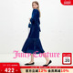 Juicy Couture橘滋连衣裙女蓝色高级缎光丝绒长袖 收腰系带长裙