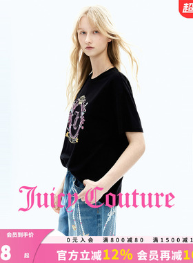 Juicy Couture橘滋T恤女26夏季新款黑色彩钻花卉印花圆领短袖上衣