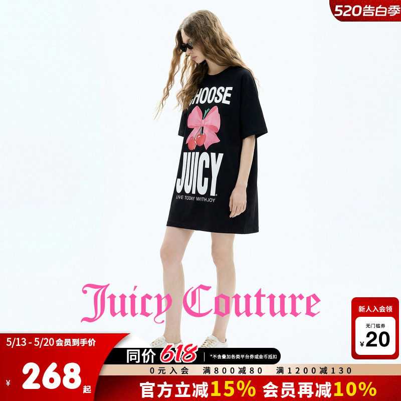 Juicy Couture橘滋连衣裙女26夏季新款黑色印花直筒连肩袖T恤短裙