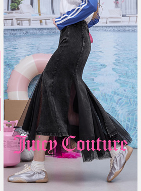 Juicy Couture橘滋半身裙女26春夏新款黑色牛仔网纱拼接鱼尾长裙