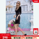 新款 Juicy Couture橘滋连衣裙女2026春季 黑色弹力丝绒烫钻中长裙