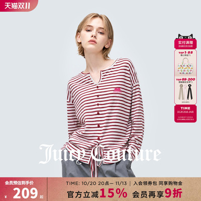 Juicy Couture橘滋条纹长袖T恤女秋季纽扣装饰设计气质套头上衣服