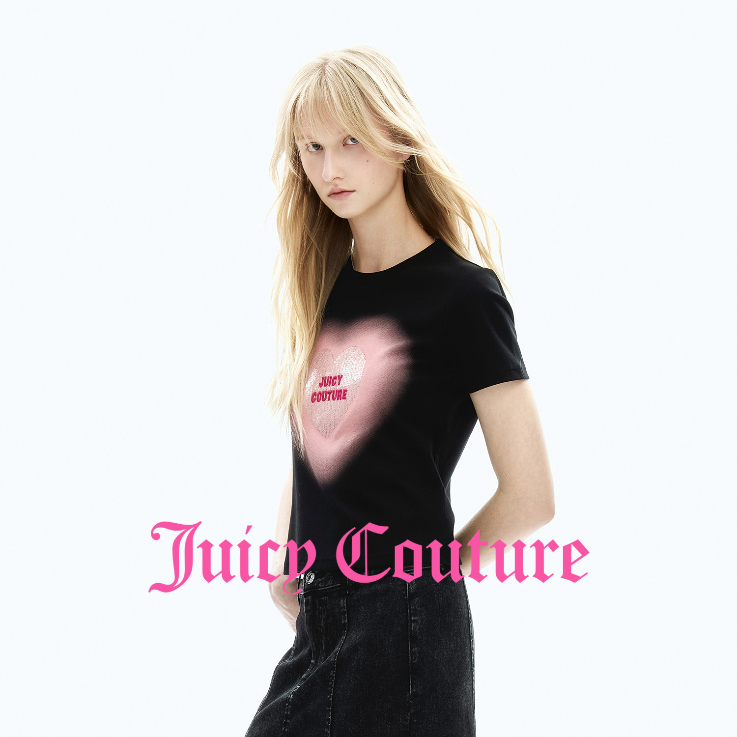 【超能小太阳】Juicy Couture橘滋T恤女黑色爱心刺绣珠片印短袖
