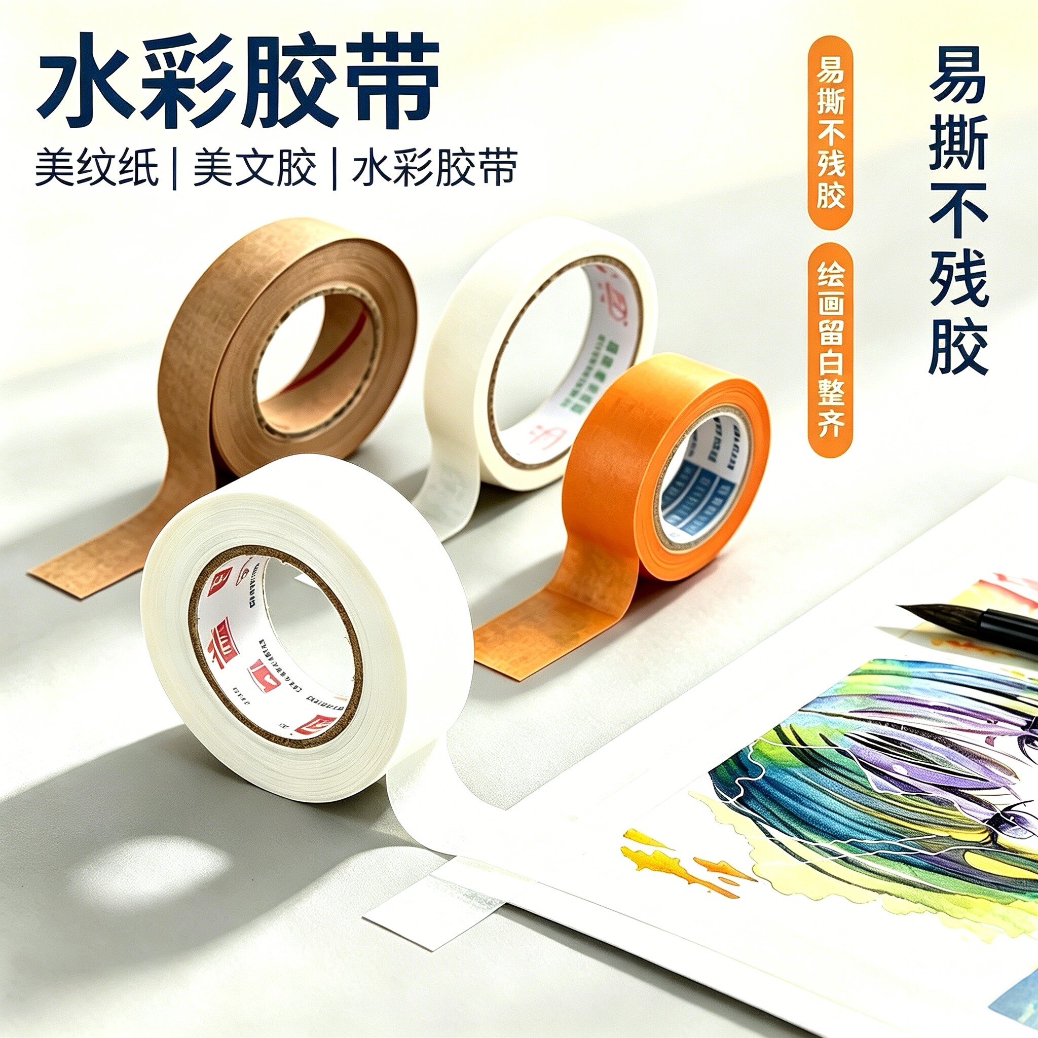 水彩黄色贴易牛皮透明美纹纸胶带图片