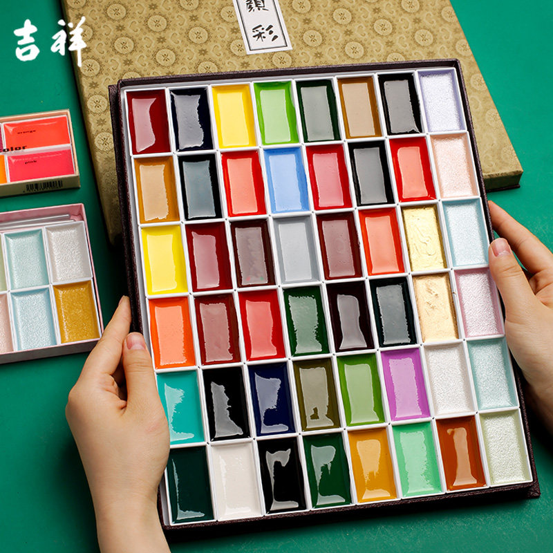 日本吉祥颜彩专业珠光岩彩樱花固体水彩颜料12色国画材料工具套装中国画初学者入门水墨画专用工笔画60色