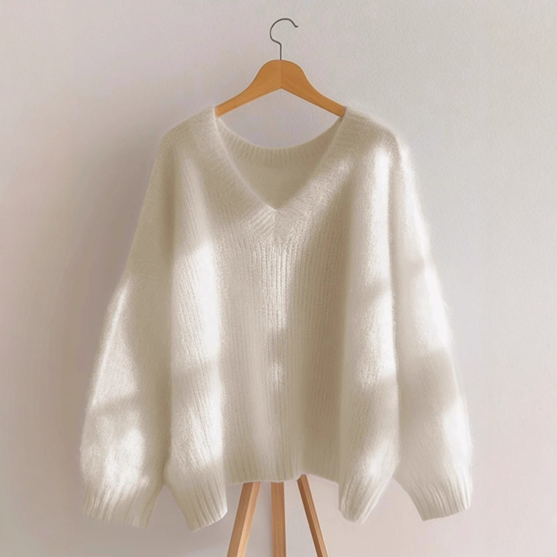 高级感V领马海毛白色毛衣女2025年春秋新款奶呼呼软糯针织衫上衣