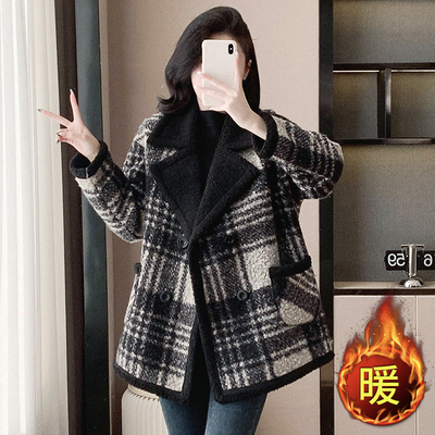 格子毛呢外套女士冬季新款加绒加厚高级感气质小个子短款呢子大衣