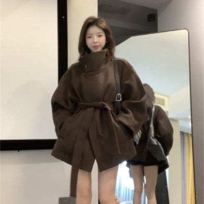 复古高级感立领短款毛呢外套女冬季小个子系带收腰双面呢加厚大衣