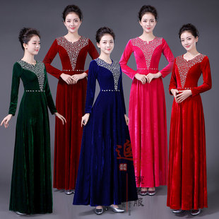 合唱服金丝绒演出服女长裙晚礼服主持指挥大摆裙中老年大合唱服装
