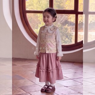 女童新中式汉服套装秋冬款国风马甲三件套儿童洋气时髦学生装裙子
