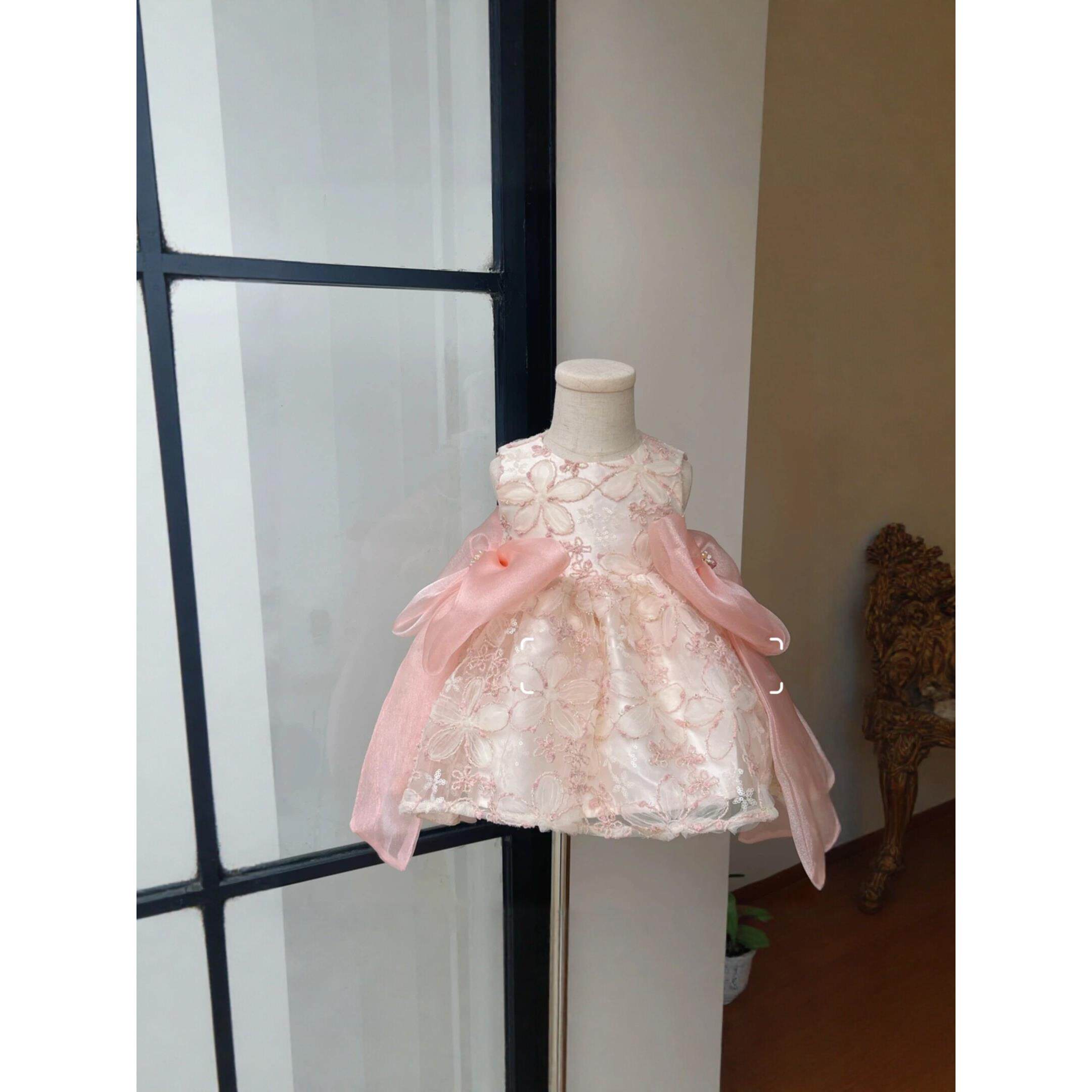 女童粉色连衣裙女宝宝周岁生日宴会礼服网纱裙蓬蓬裙蝴蝶结公主裙