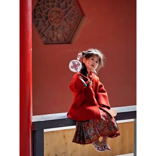 马面裙女童冬套装加厚双面羊绒呢子大衣儿童红色过新年战袍拜年服