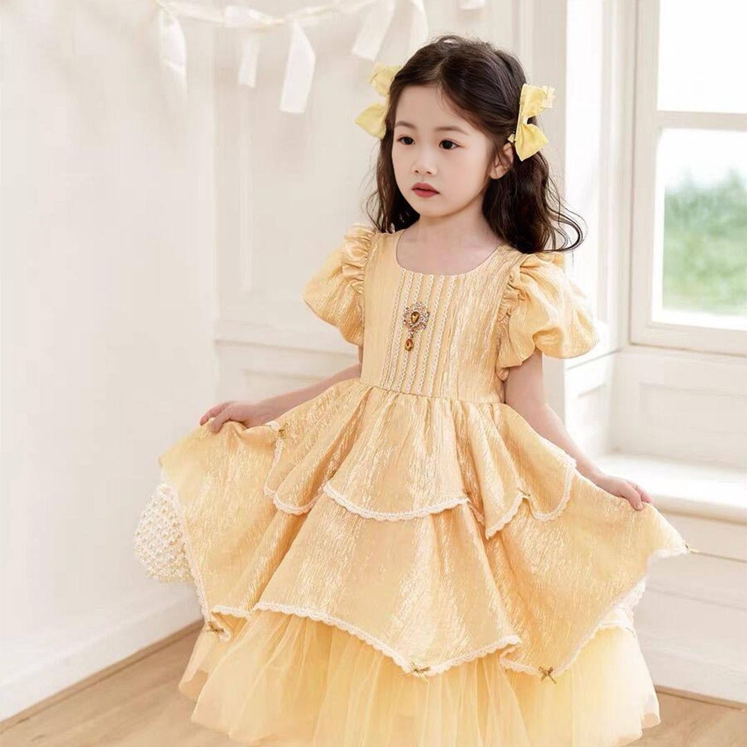 女童生日礼服裙子儿童重工黄色蛋糕洋装小女孩绝美蛋糕裙公主裙
