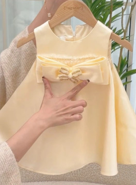 女童夏季甜美千金风连衣裙黄色蝴蝶结装饰生日宴会礼服洋气公主裙