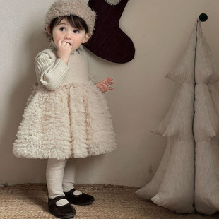 女童公主风网纱蛋糕连衣裙秋冬新款加绒蓬蓬裙儿童周岁生日礼服裙