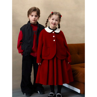 女童套装生日礼服儿童双面羊毛呢子大衣加厚红色过新年战袍拜年服