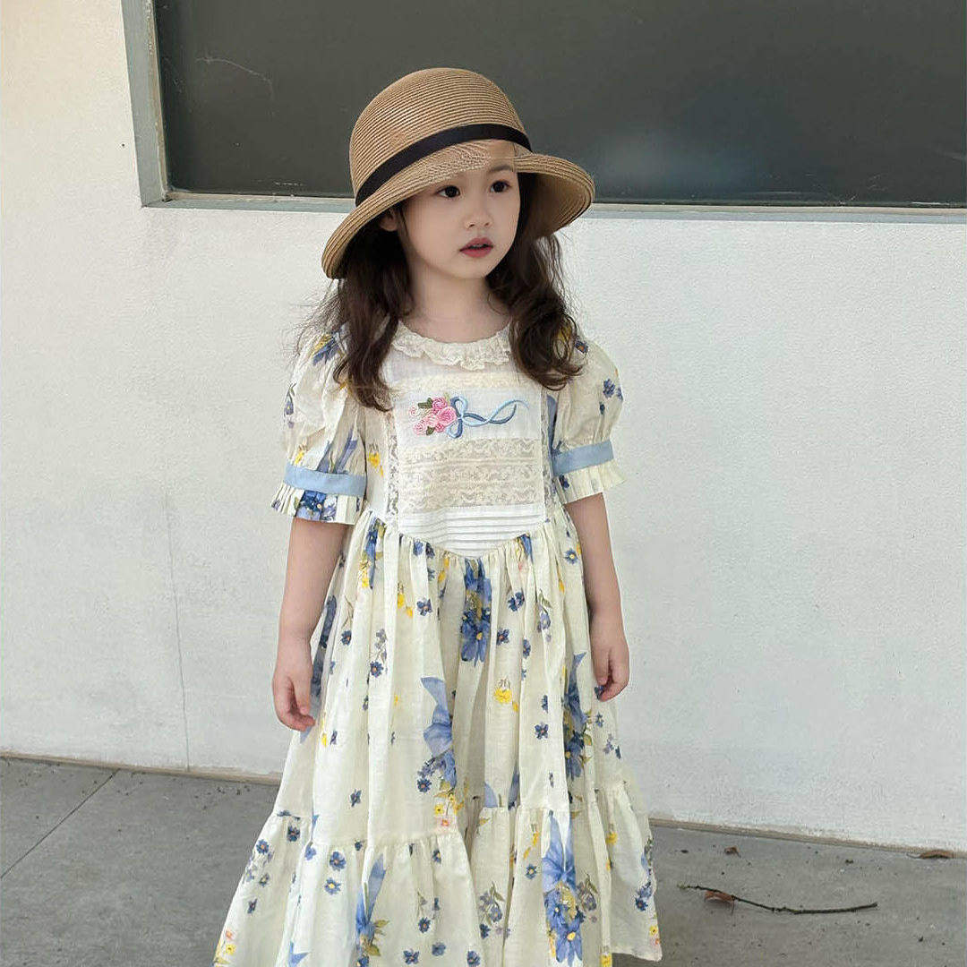 女童生日礼服裙子儿童法式碎花刺绣洋装小女孩绝美圆领公主裙夏
