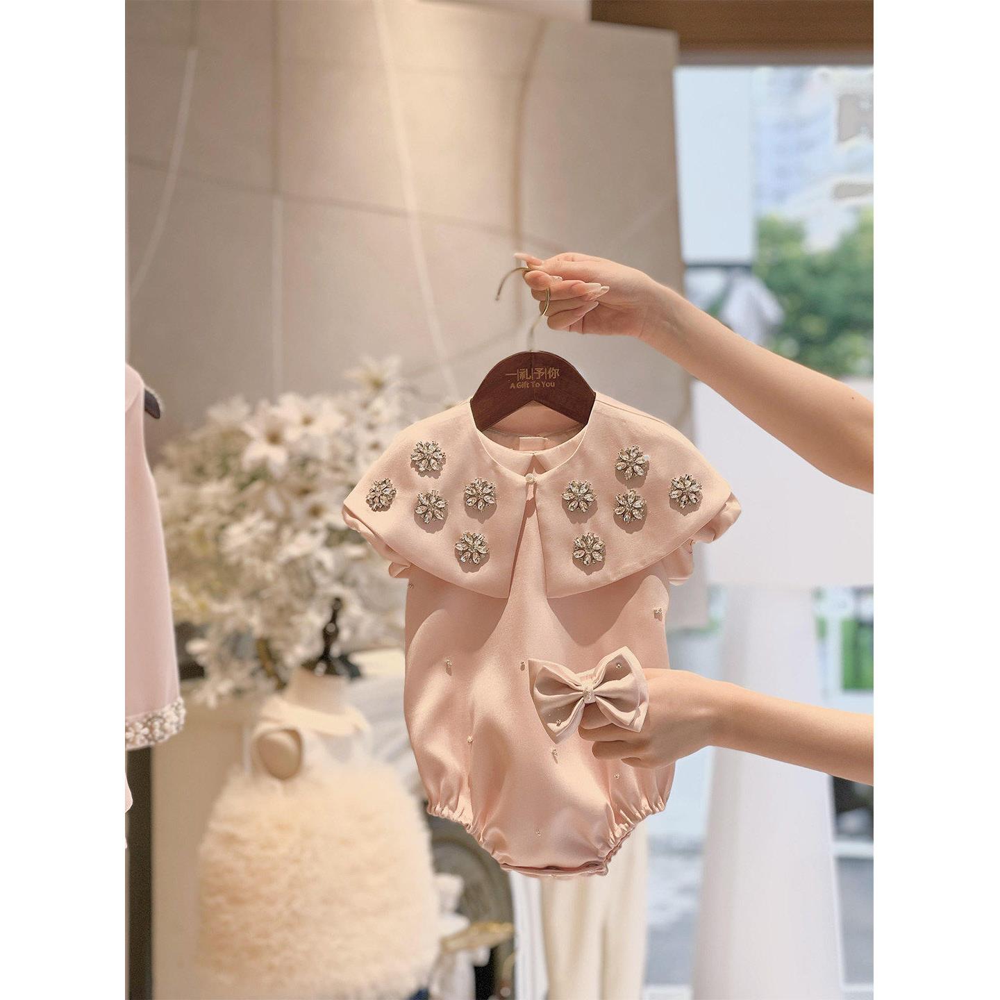 周岁女宝礼服生日儿童娃娃领包屁衣满月宝宝重工钉珠蝴蝶结连体衣