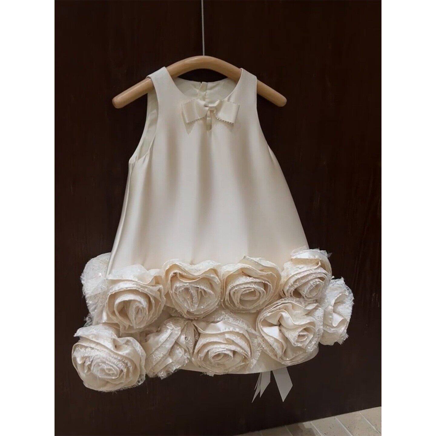 女童生日礼服手工花朵裙子儿童无袖杏色连衣裙小女孩绝美公主裙夏