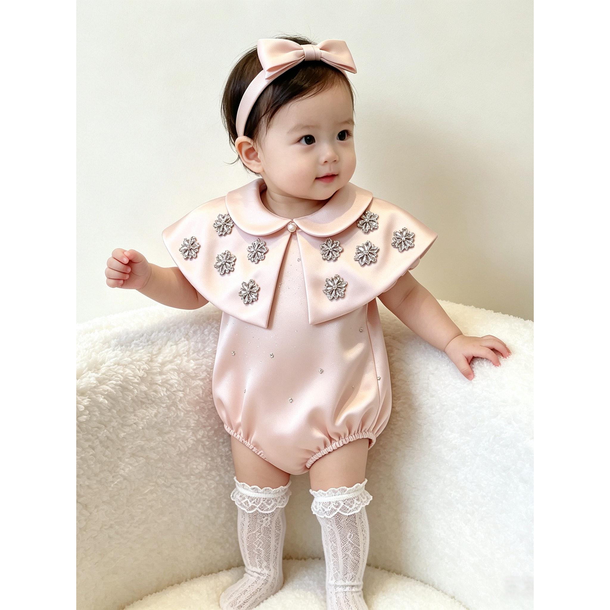 女宝宝粉色亮钻娃娃领连身哈衣夏季新款婴幼儿百天周岁礼服爬爬服