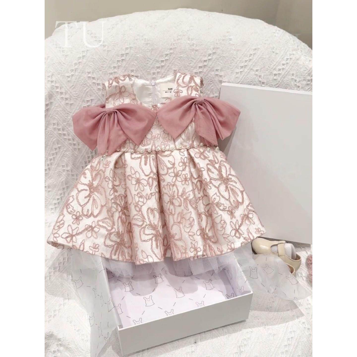 女童生日礼服蝴蝶结连衣裙26新款韩版宝宝甜美粉色裙子周岁生日宴