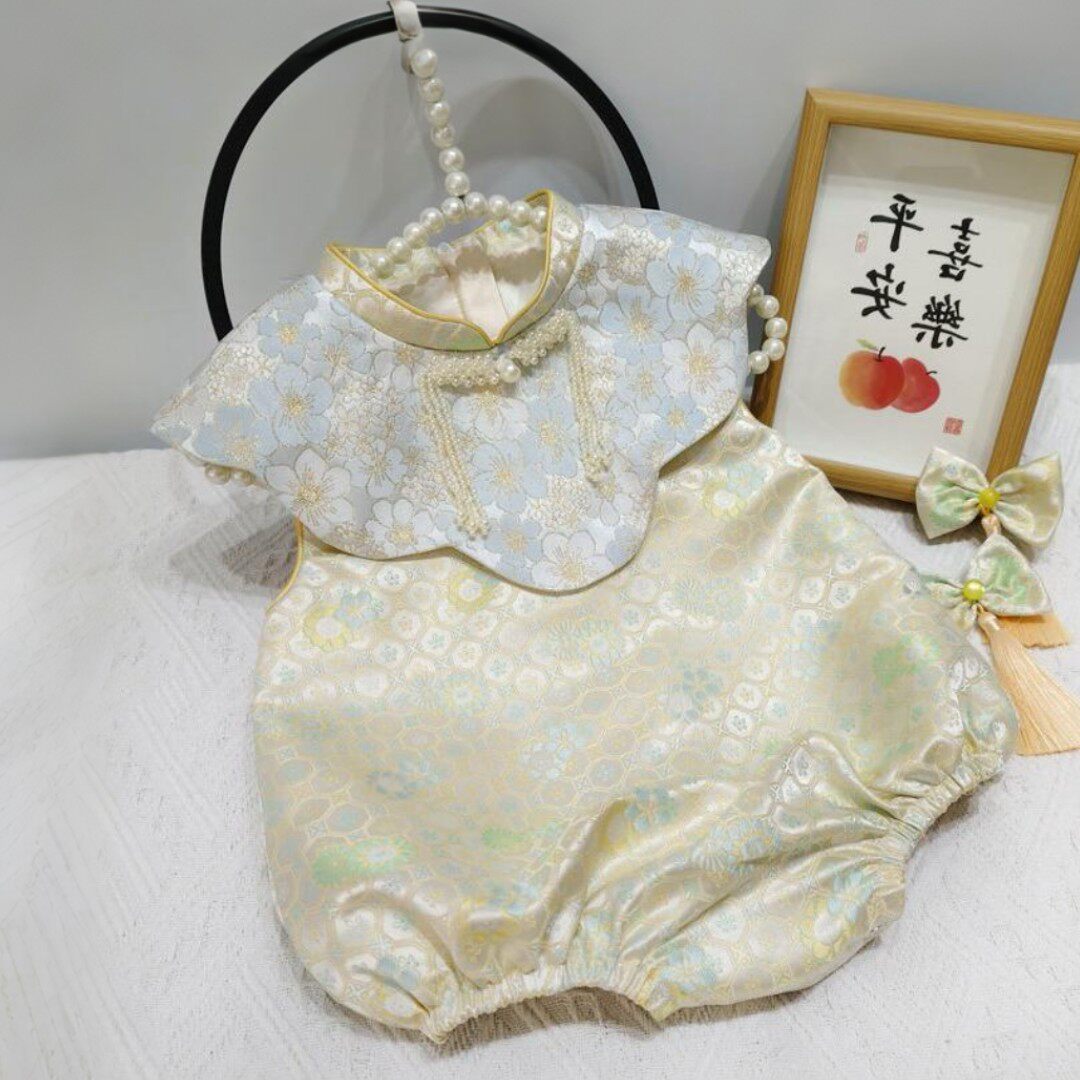 中国风女童旗袍连身哈衣夏季薄款女宝周岁生日礼服珍珠装饰包屁衣