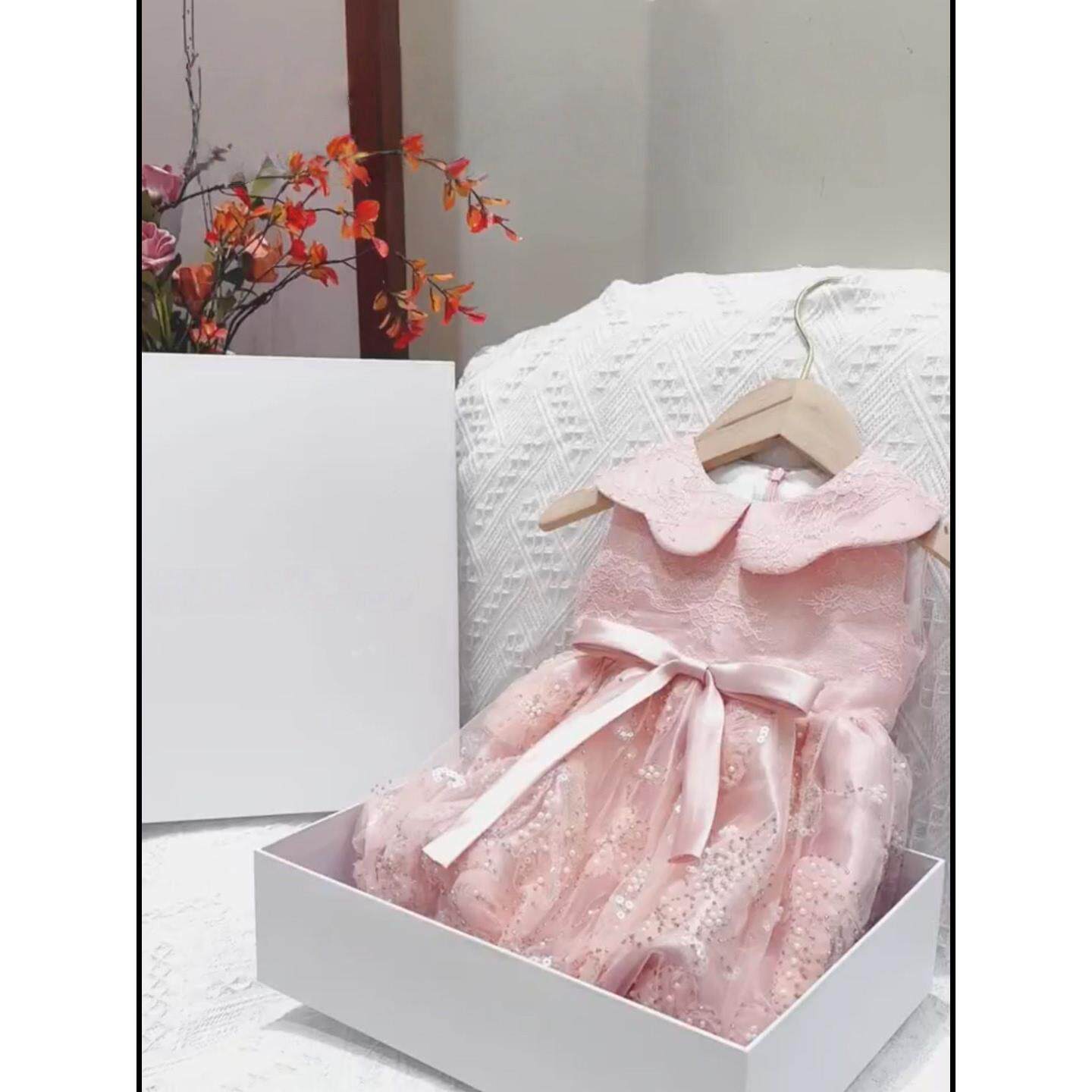 女宝宝甜美粉色公主连衣裙春夏款娃娃领蝴蝶结婴儿周岁礼服花苞裙