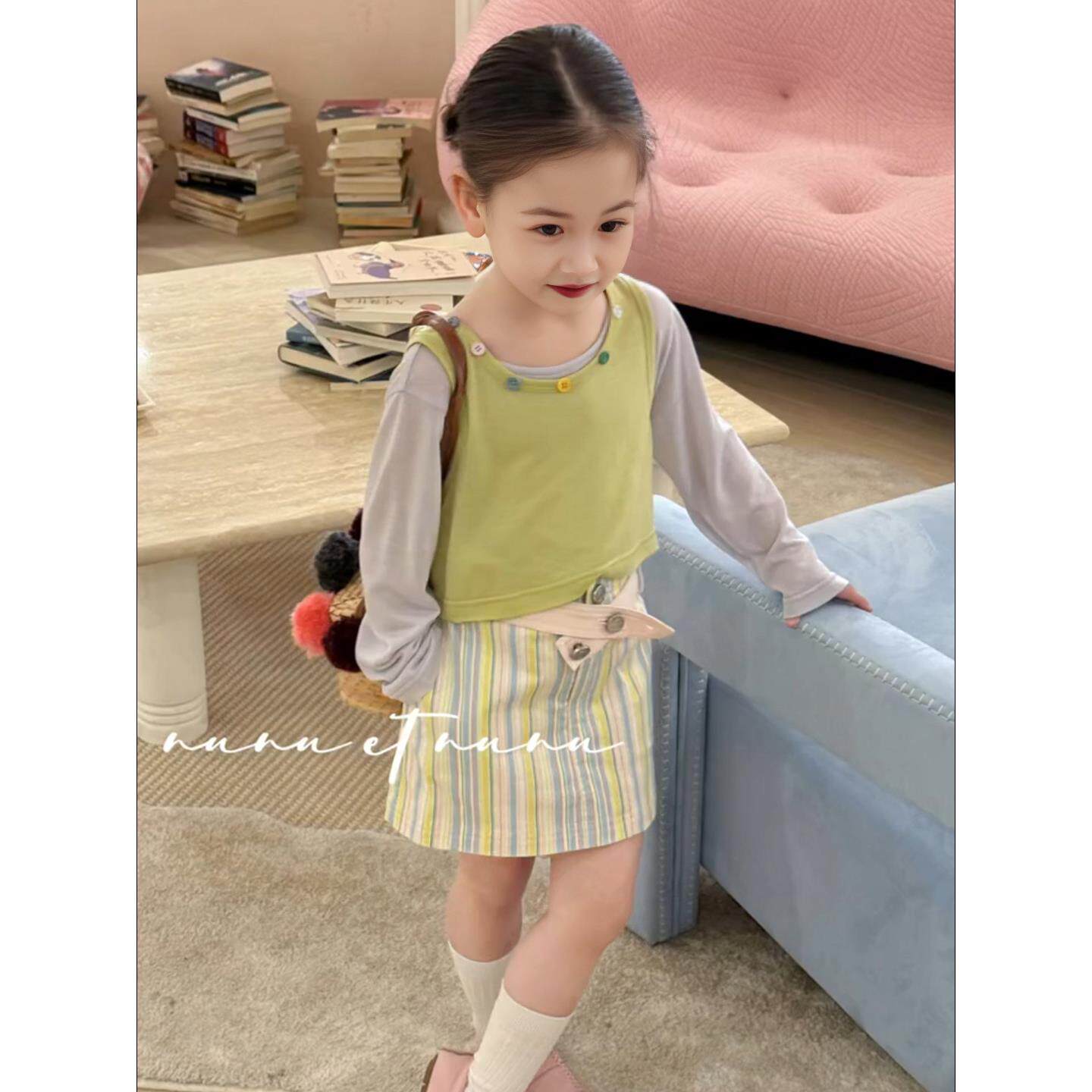 女童春夏装2026新款洋气时髦多巴胺长袖纯棉背心t恤上衣儿童套装