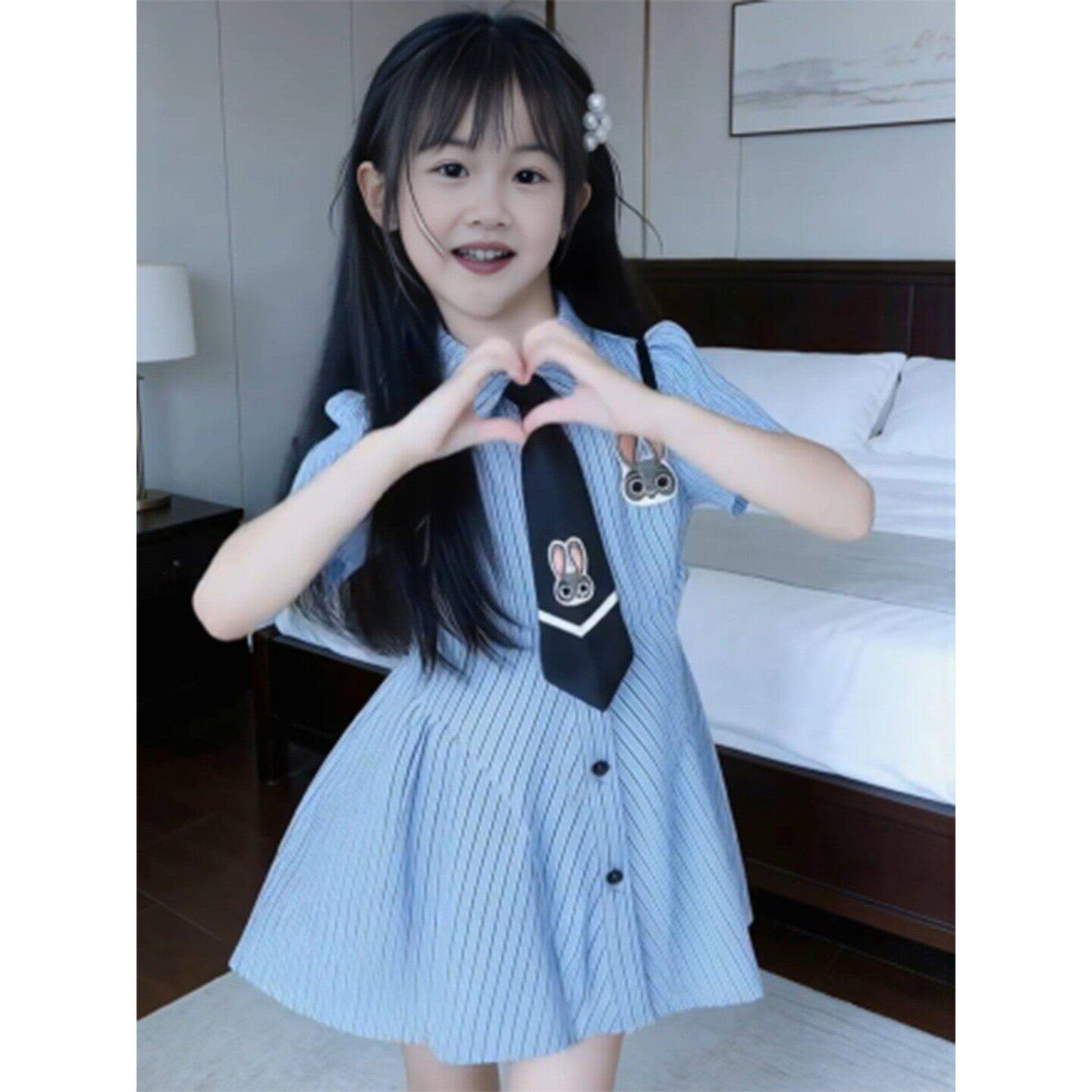 女童夏装新款儿童兔子警官条纹衬衫洋装小女孩绝美公主风公主裙