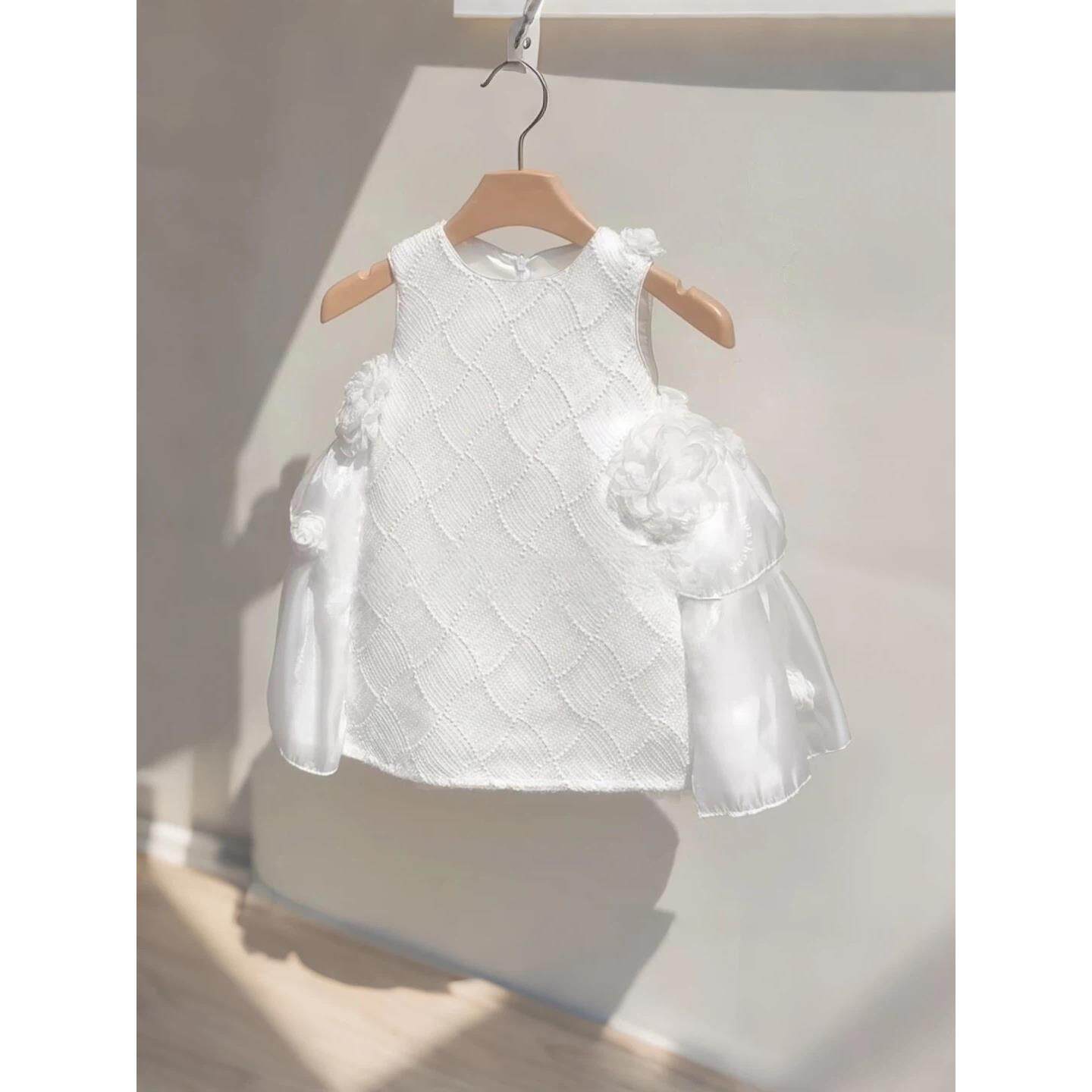 女童白色背心连衣裙婴儿女宝宝生日礼服立体花朵装饰蝴蝶结公主裙