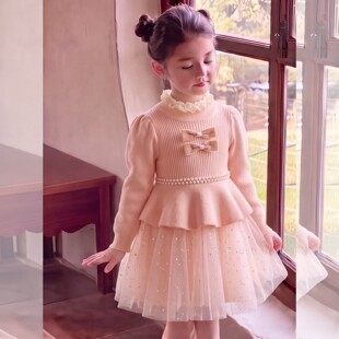 女童秋冬蝴蝶珍珠毛衣纱裙2026新款儿童小女孩甜美洋气礼服连衣裙