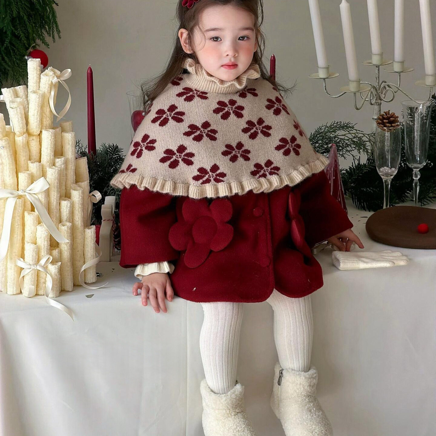 女童韩国风女童花朵披风斗篷秋冬季宝宝呢子外出挡风披肩立体花边