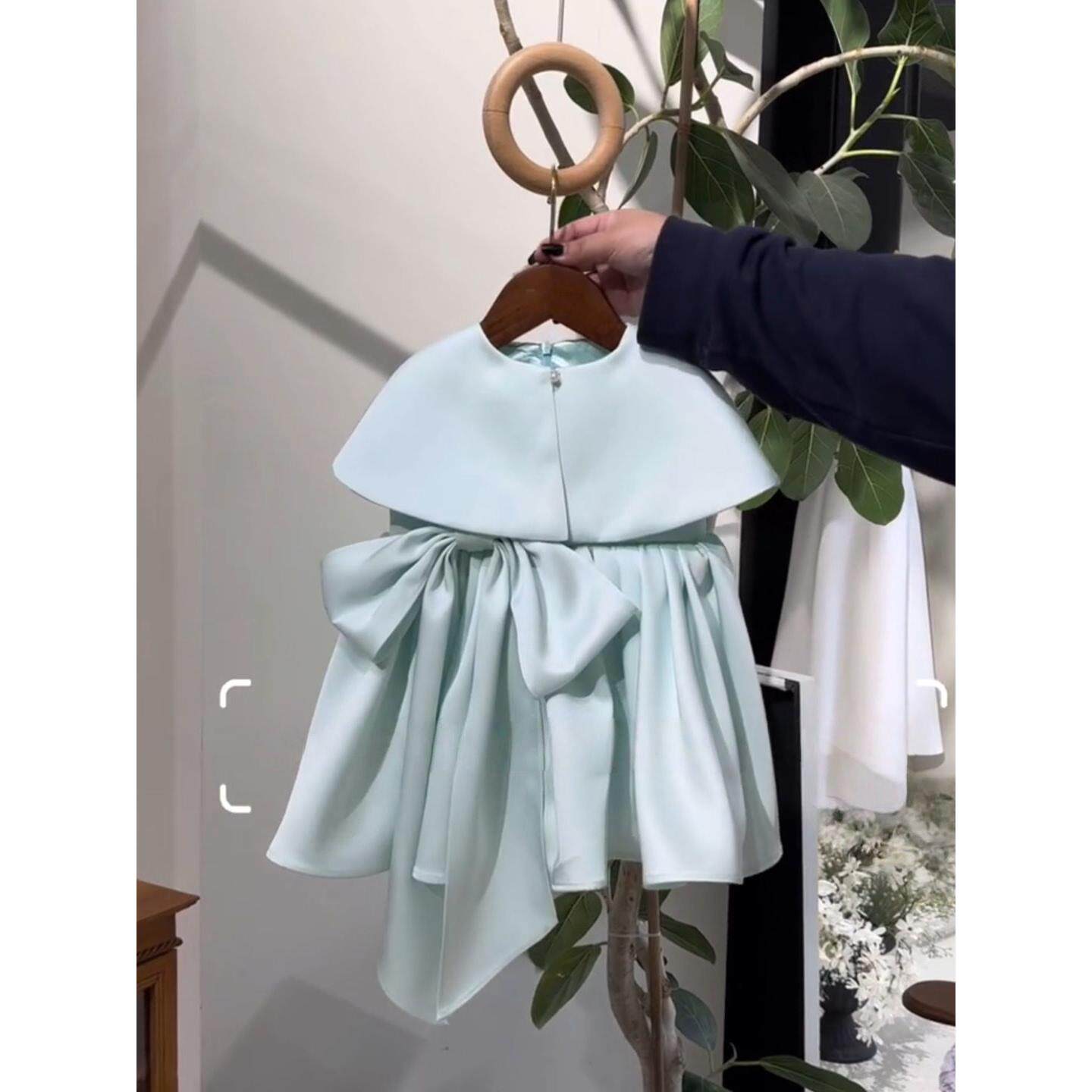 女童蝴蝶结连衣裙薄荷绿坎肩背心蛋糕裙女宝宝生日宴会礼服公主裙