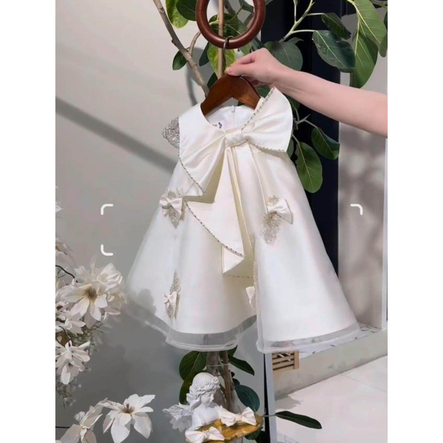 女童白色公主连衣裙无袖网纱蝴蝶结法式刺绣中长裙儿童生日小礼服