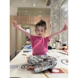 女童春装2026新款洋气时髦短袖针织上衣儿童套装卡通休闲阔腿裤子