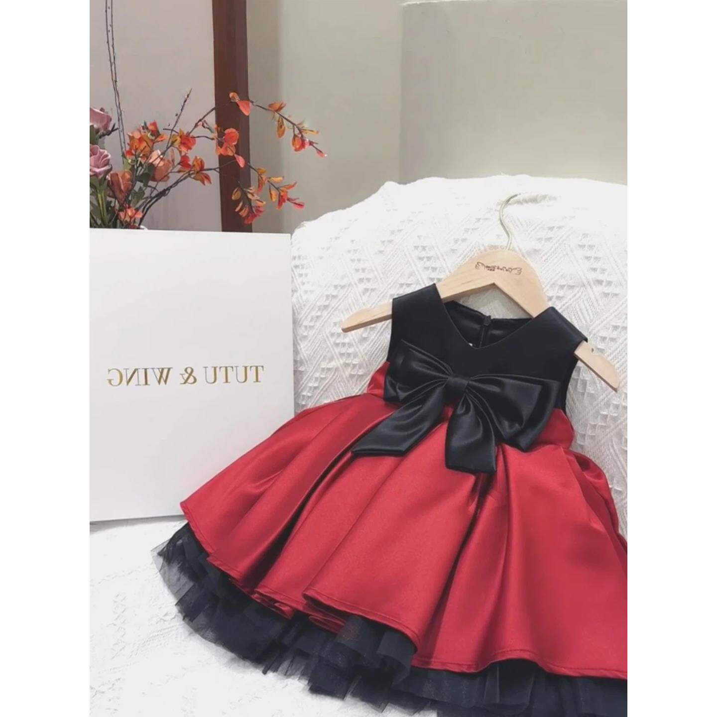女童夏季蝴蝶结红色拼接背心连衣裙女宝宝生日周岁宴会礼服公主裙