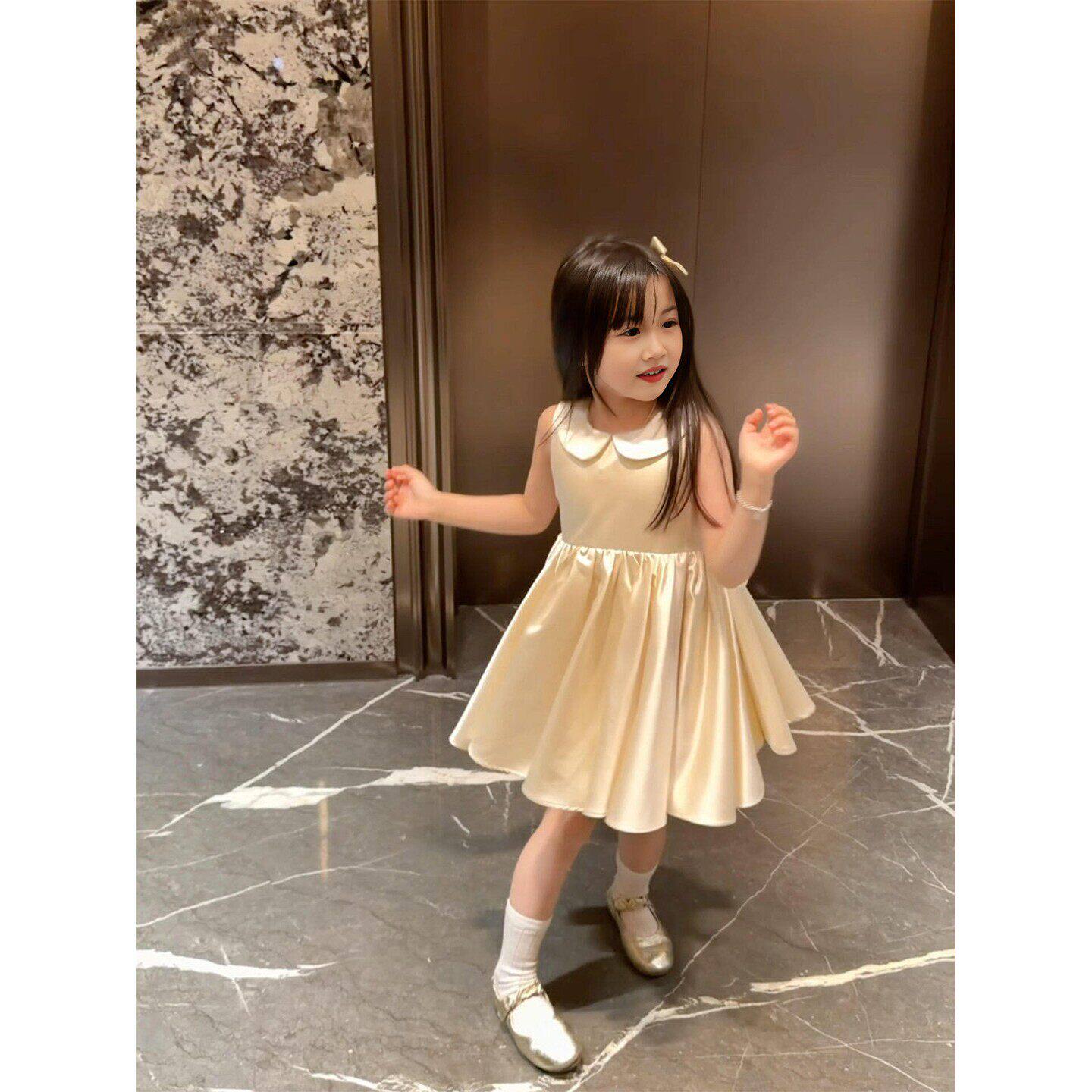 女童生日礼服裙儿童缎面无袖娃娃领洋装小女孩绝美蓬蓬裙公主裙