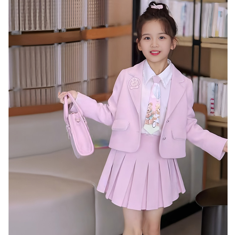 女童西服外套衬衫百褶裙三件套春秋2026新款甜美开学学院风JK短裙