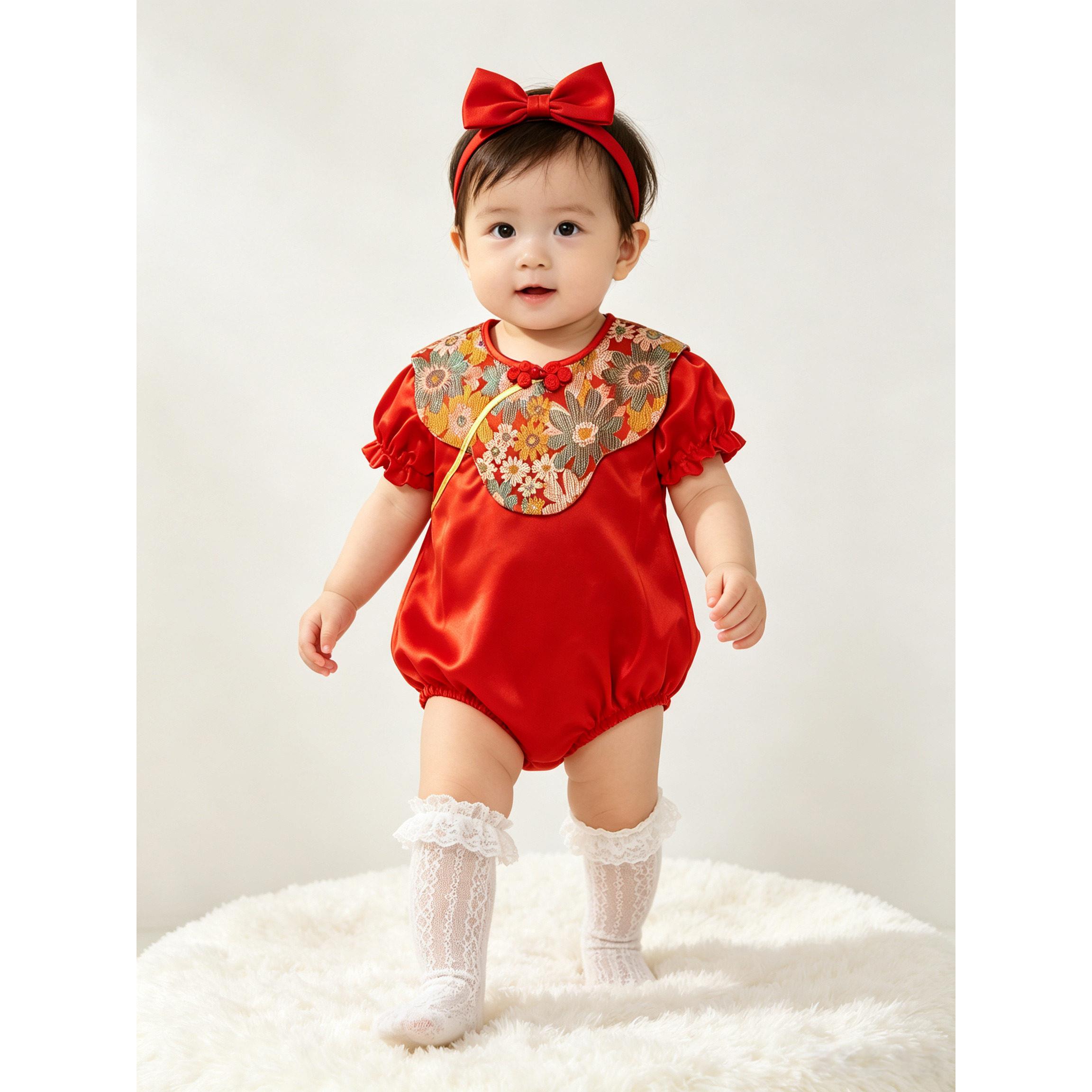 甜美中式婴儿连身哈衣女宝宝夏季红色短袖满月百天周岁礼服爬爬服